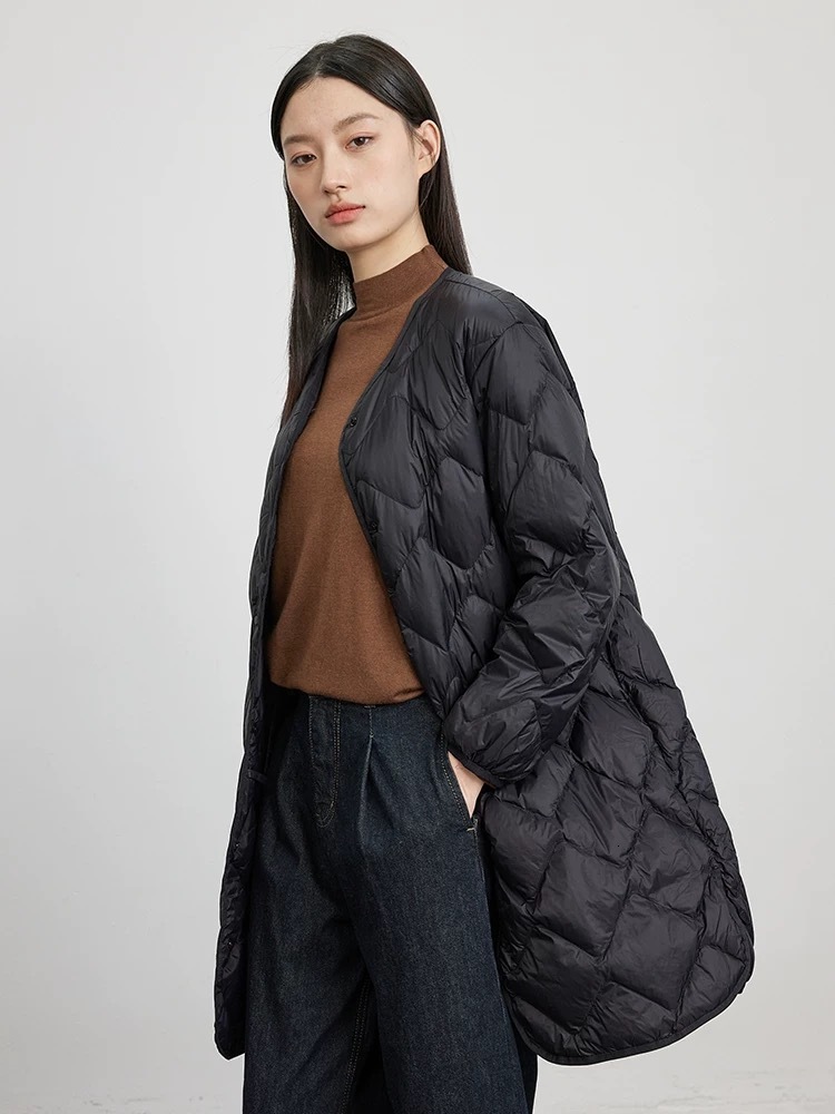 Women's Fall Winter New Puffer Coats Round Neck Vintage Single-Breasted Outerwear Thick Warm Mid-Length Down Jackets