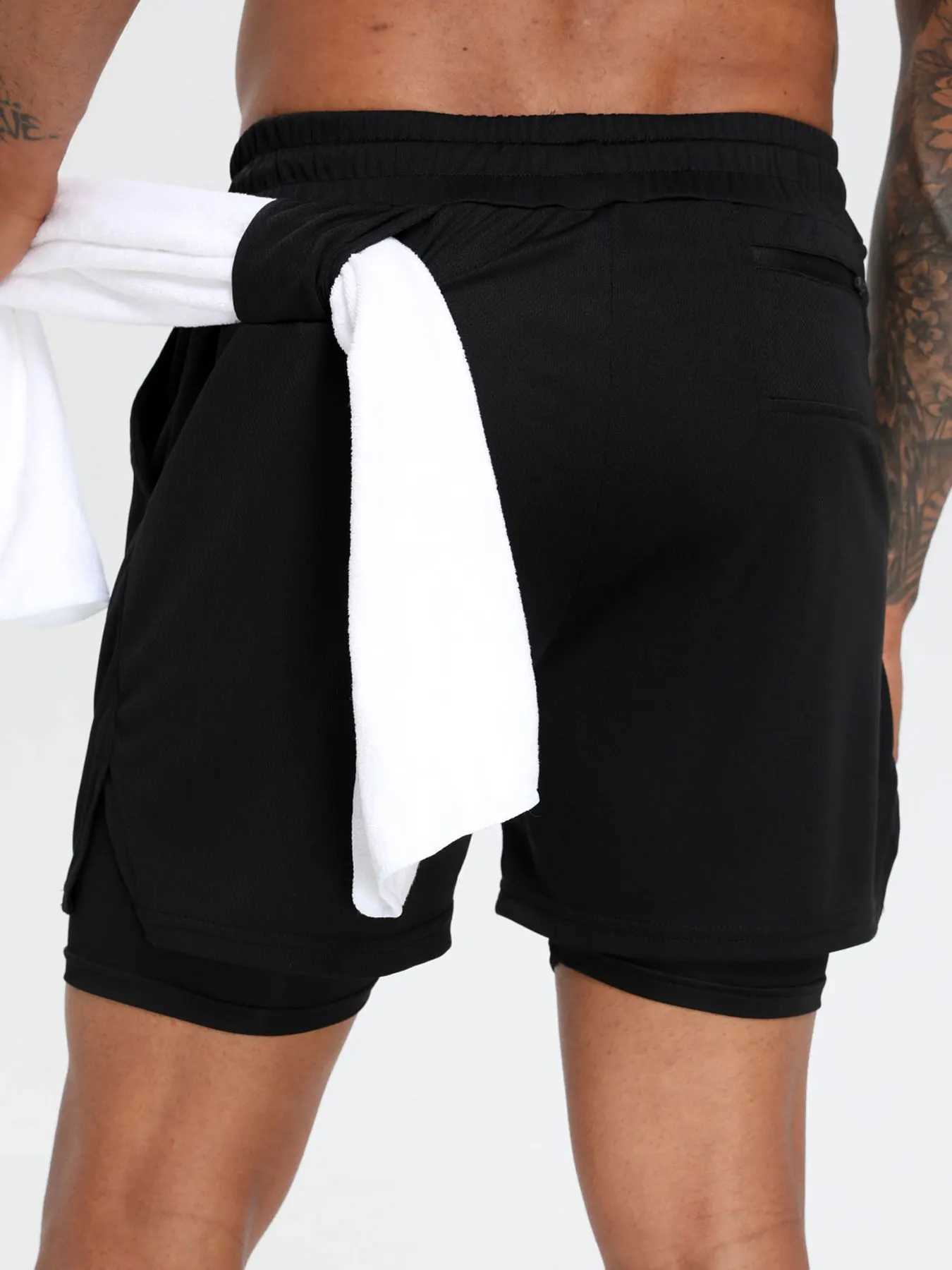 2-in-1 Mens Performance Running Shorts - Moisture-Wicking Compression Support With Secure Zipper Pocket For Gym TrainingXJ241104