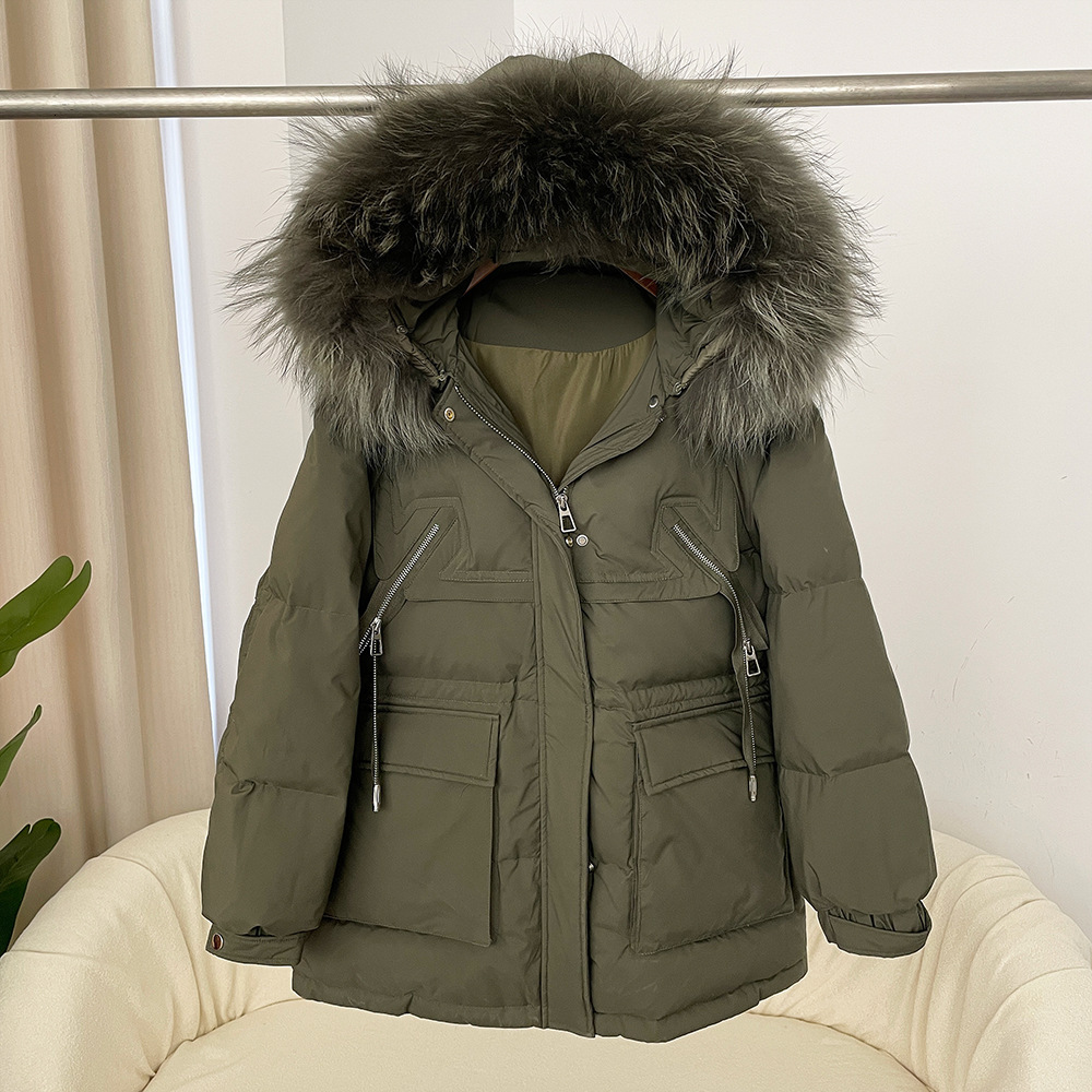 Autumn Winter 90% White Duck Workwear Down Jacket Women Mid-Length Hooded Coat Raccoon Fur Collar Thickened Warm