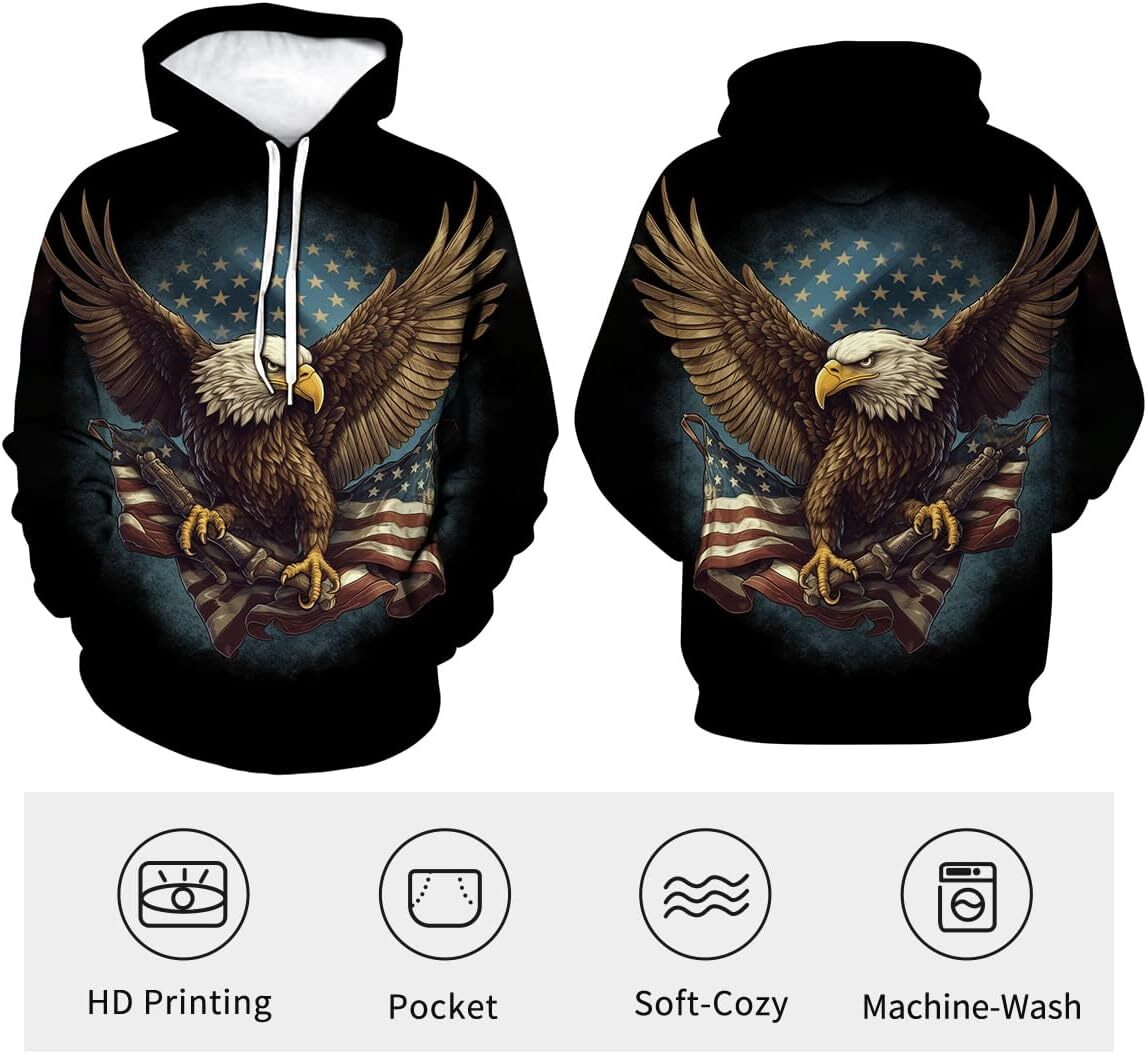 Hoodie for Mens 3D Eagle Print Hoodie - Patriotic Theme, Animal Graphic Sweatshirt Graphic Warm and fashionable cool