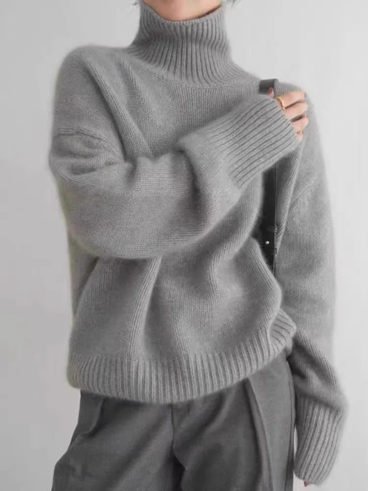 Autumn and Winter Thick Cashmere Sweater Womens High Collar Pullover Sweater Warm Loose Knitted Bottom Sweater Top 241104