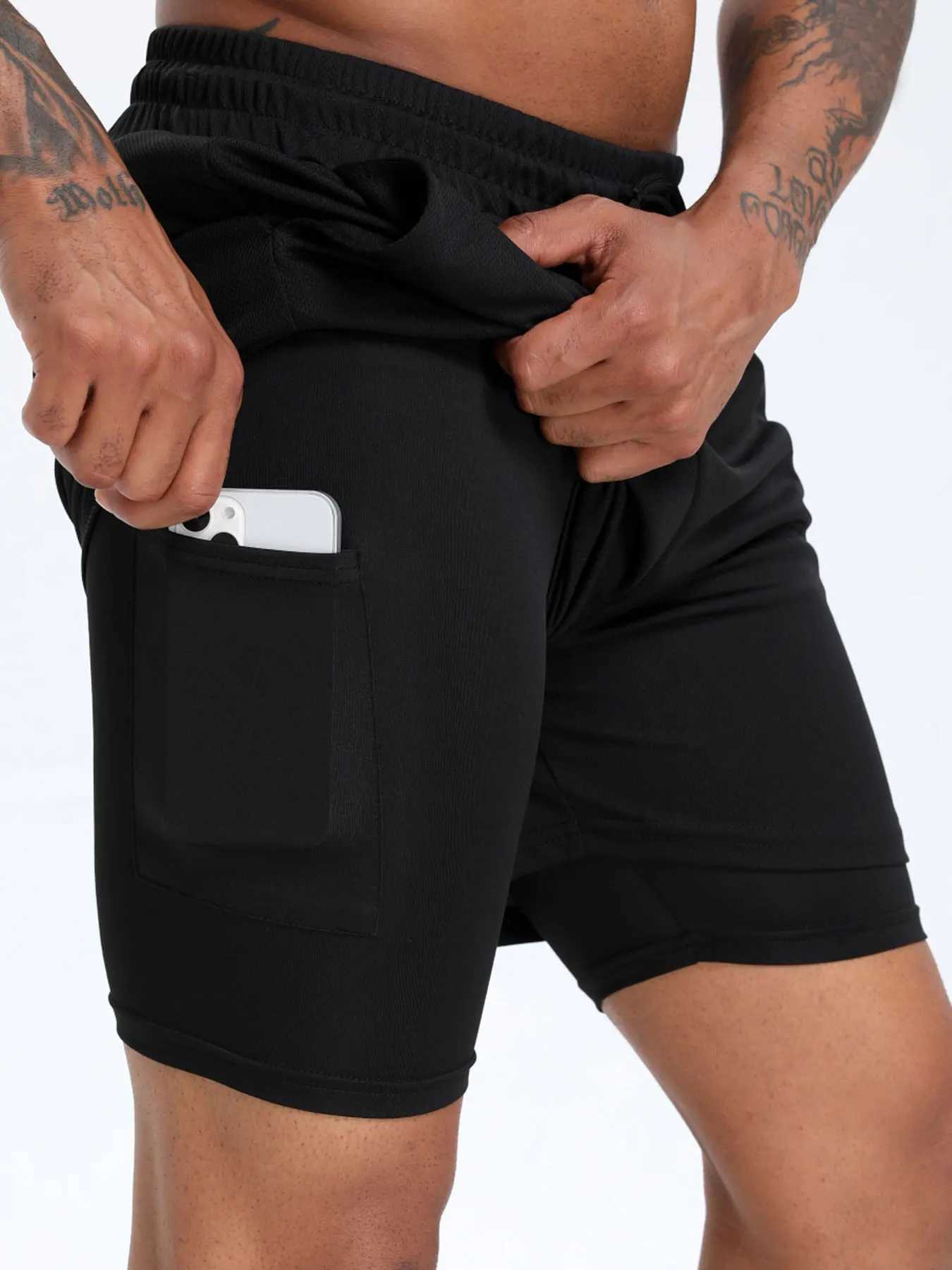 2-in-1 Mens Performance Running Shorts - Moisture-Wicking Compression Support With Secure Zipper Pocket For Gym TrainingXJ241104