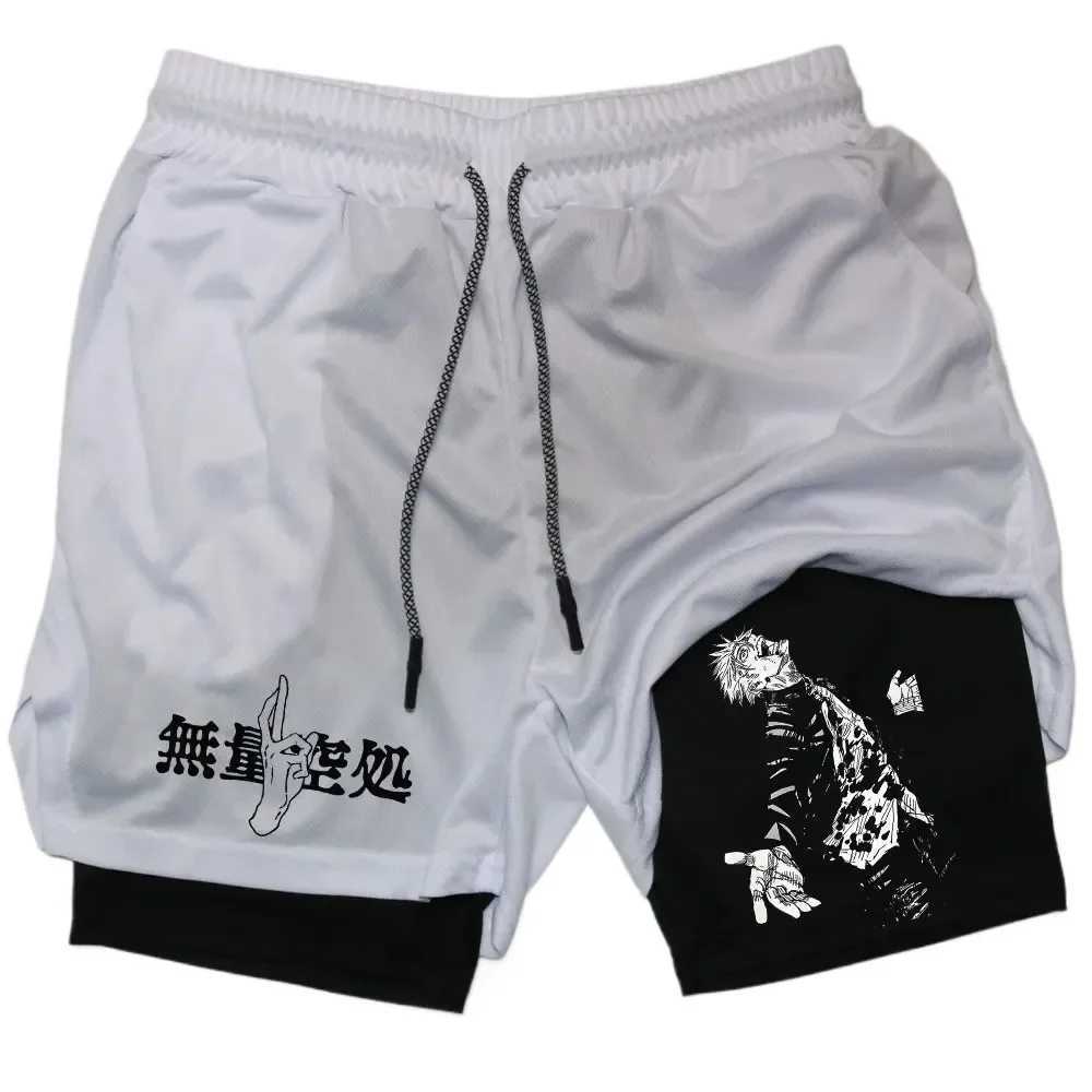 Anime Jujutsu Kaisen 2 In 1 Performance Shorts Gojo Satoru Print Sportswear Men GYM Training Workout Male Fitness Sport ShortsXJ241104