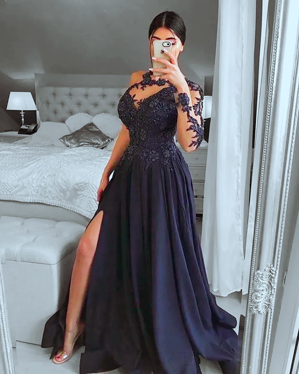 Black One Shoulder Prom Dresses Side Split A Line Long Satin Evening Dress Lace Appliques Beaded Jewel Neck Chic Formal Party Gown For Women 2025