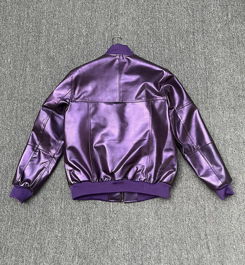 Purple Sheepskin Baseball Jacket Men Streetwear Long Sleeve Trend Casual Slim Leather Coats Male Clothes Motorcycle 241104