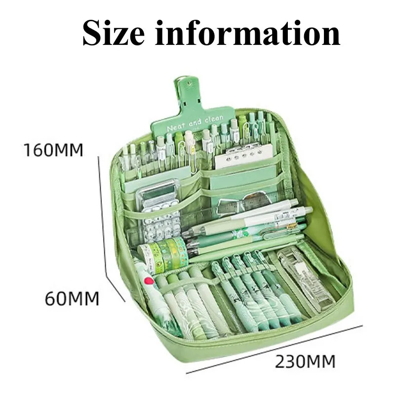 Multilayer 90° Open Pencil Case Large Capacity Green Student Cloth Pen Bags School Stationery Organizer Supply Pouch 241029
