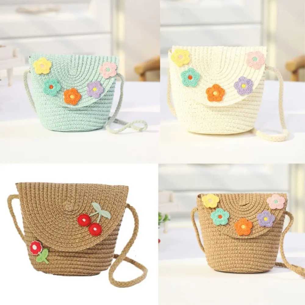 Cute Childrens Woven Straw Bag Handmade Bucket Flower Shoulder Bag Woven Crossbody Bag Girls Key Coin Purse Bag LX241104