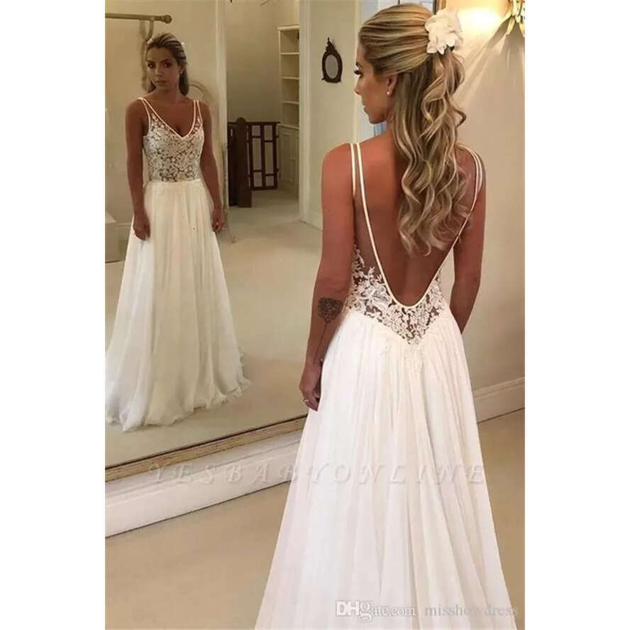 V Neck Lace A E Bohemia Dresses Chiffon Applique Backless Sweep Train Summer Beach Wedding Bridal Gown Robe De Marie BC