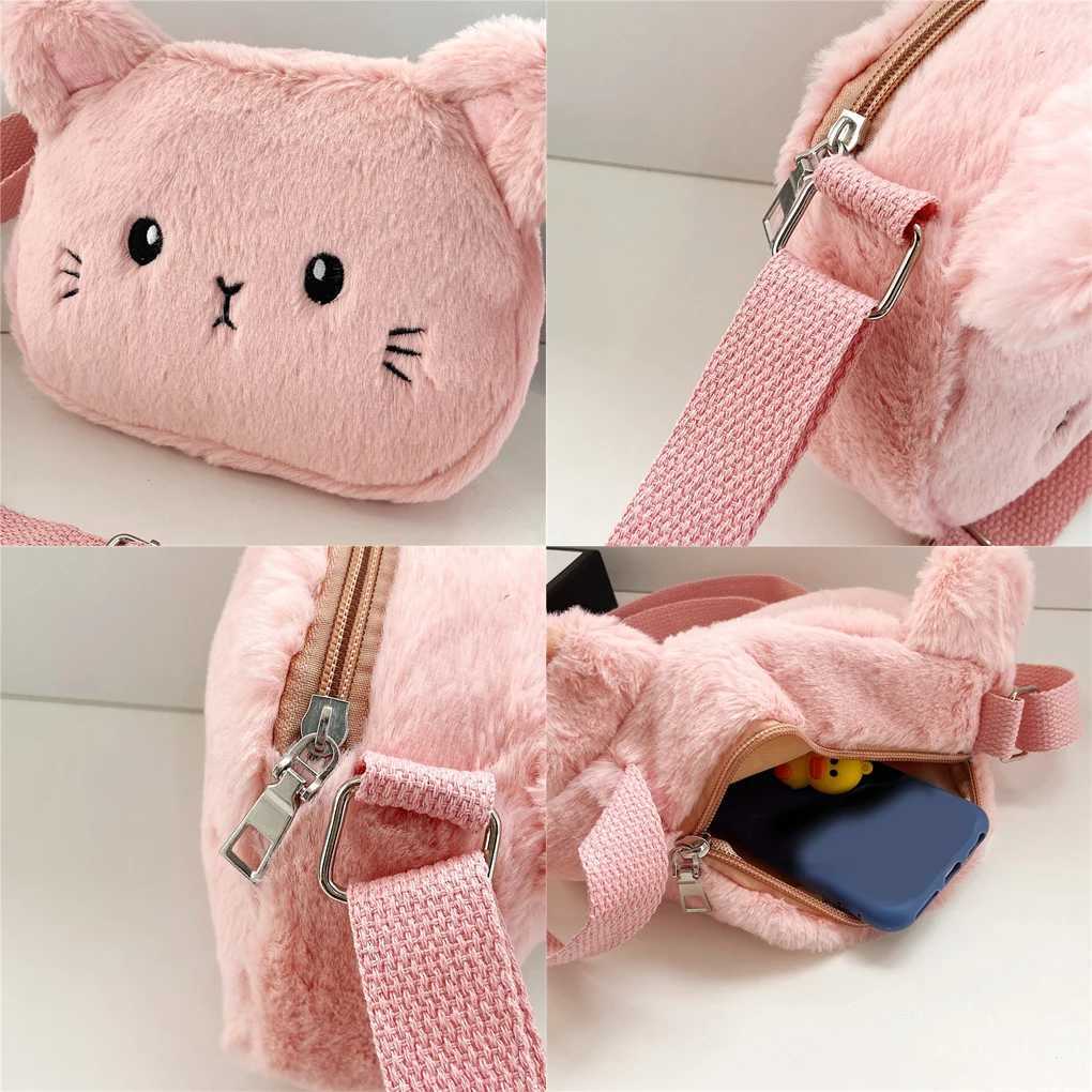Cat Baby Girls Crossbody Bags Cute Plush Children Shoulder Bag Winter Animal Shape Small Coin Purse Black LX241104