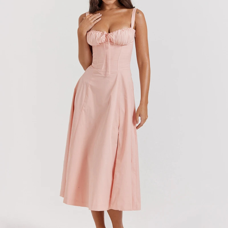 Women Summer Boho Spaghetti Straps Split Thigh Midi Dress Tie Front Solid Floral Print Sleeveless Vintage A Line Beach Dresses 240319