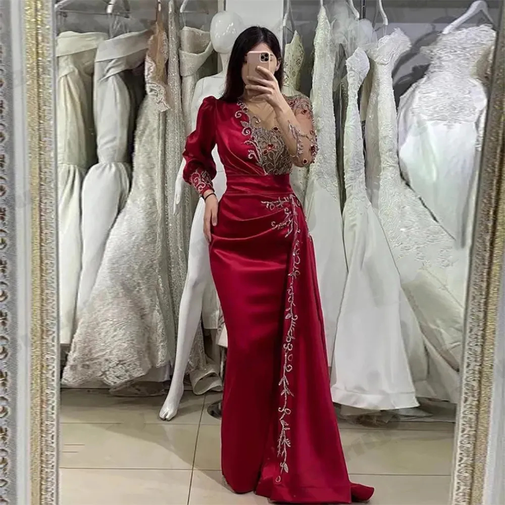 Elegant Arabic Burgundy Mermaid Evening Dresses Long Sleeves Beaded Lace Appliques Illusion Sheer One Shoulder Satin Prom Dress For Women 2025 Formal 