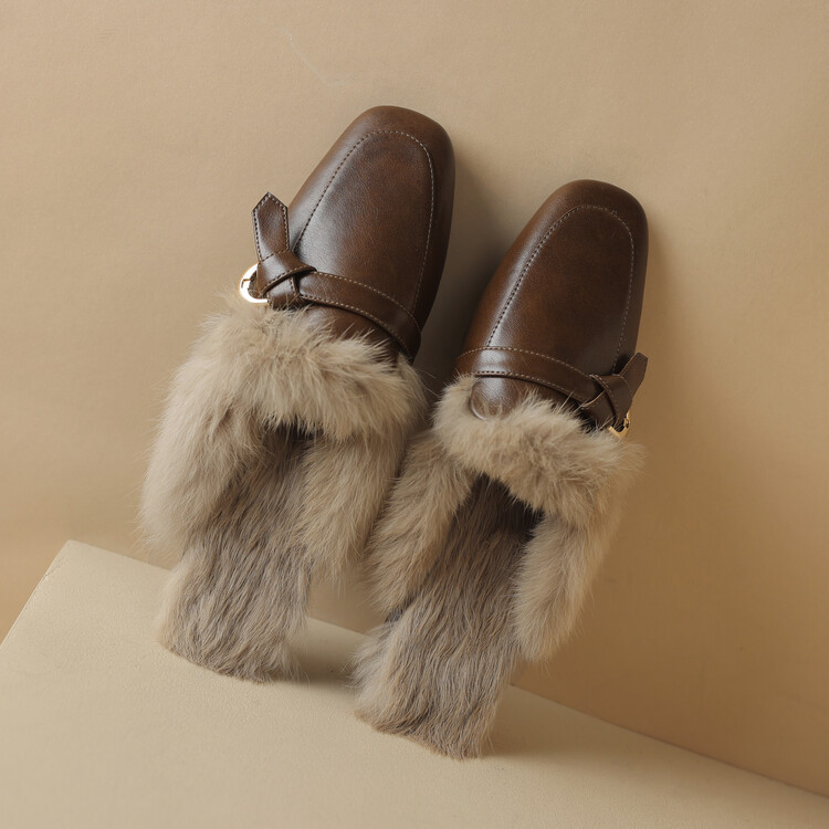 Women's Fashion Slippers:Winter New Trendy Fleece Warm Square Toe Flat Bottom Comfort,Black/Brown,Free shipping