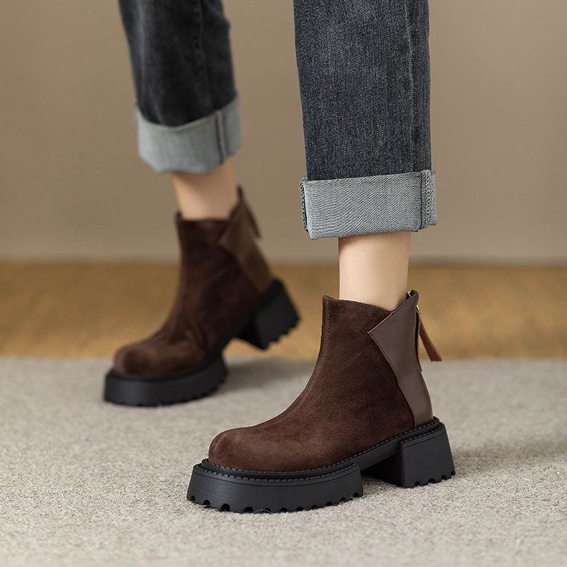 Women's Fashion Boots:Retro Round Toe Thick Sole Short Boots Winter New Trendy Versatile Martin Boots,Black/Brown,Free shipping