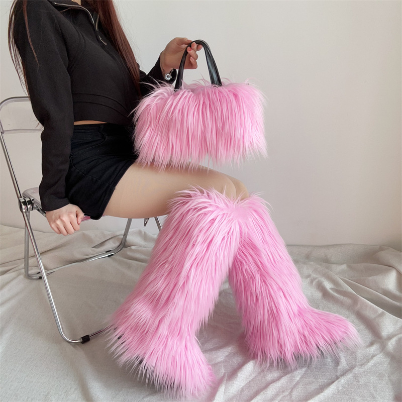 New Punk Style Large-sized High Boots Knee High Snow Boots Handbag Plush Imitation Wool Set.
