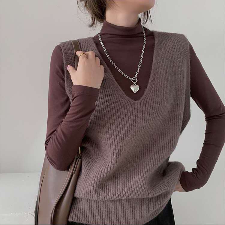 Japanese Korean Minimalist Style Solid Color V Neck Casual Knitted In Autumn And Winter New Pullover Camisole Layered Vest For Women F1104#29