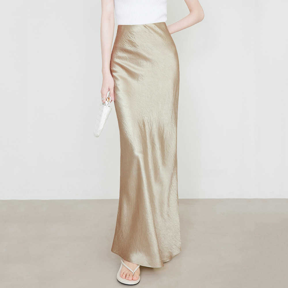 WoMens Hip-hugging Skirt Satin Half Skirt High Waist Elastic Hand Grip Pattern Long Dress Elegant Solid Color Long Dress Women Adult Length Skirt 2410