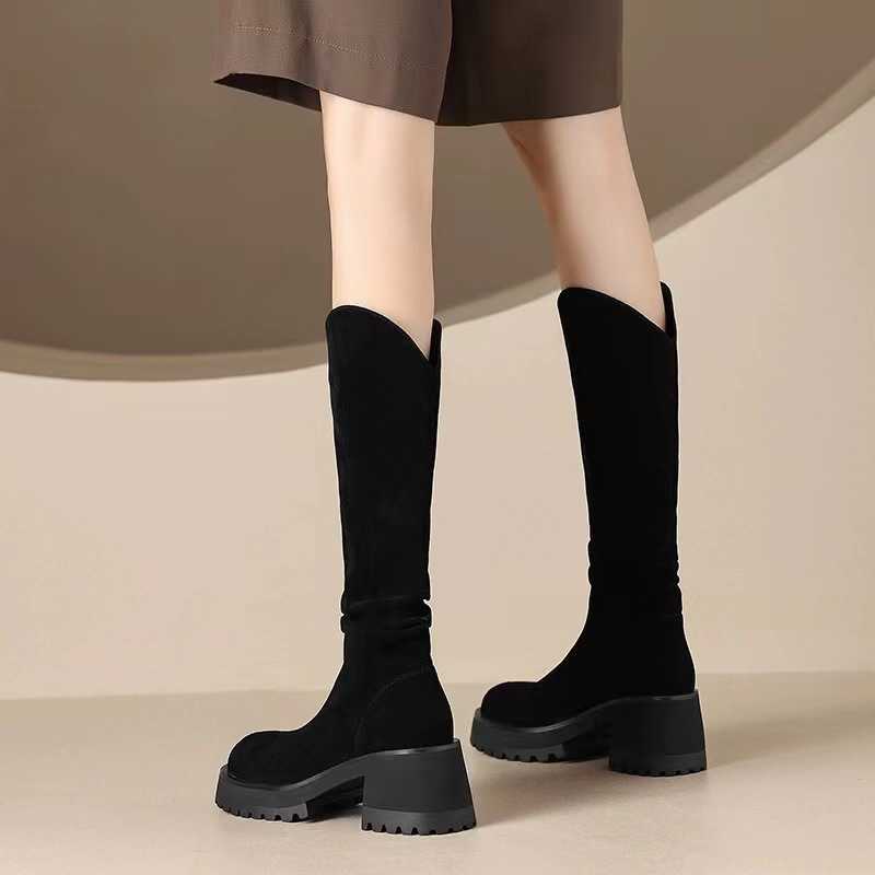 CMM Autumn Winter Korean Round Head Thick Heel Long Boots High Heel Leg Wrap Velvet Warm Tall Boots Knight Boots for Women