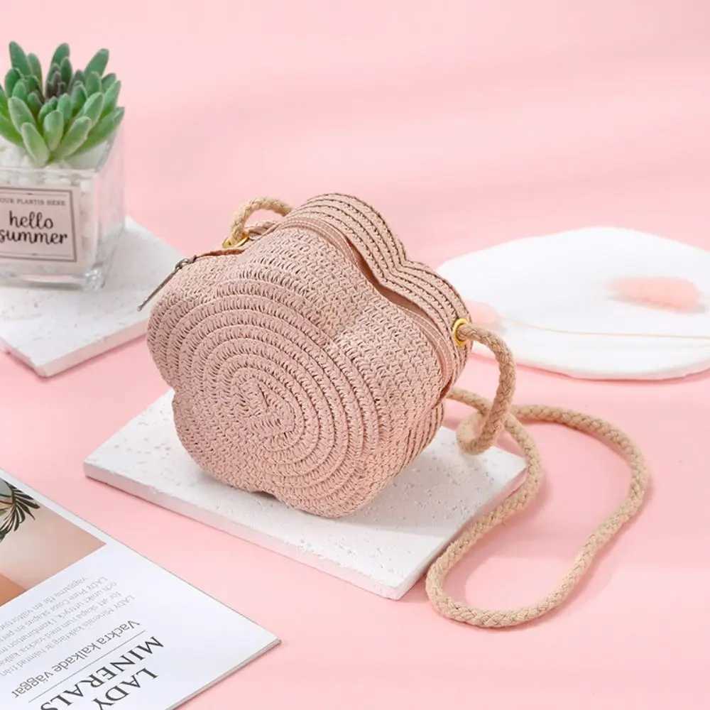 Childrens Straw Shoulder Bags Beach Bag Coin Purse Kids Flower Woven Crossbody Bag LX241104