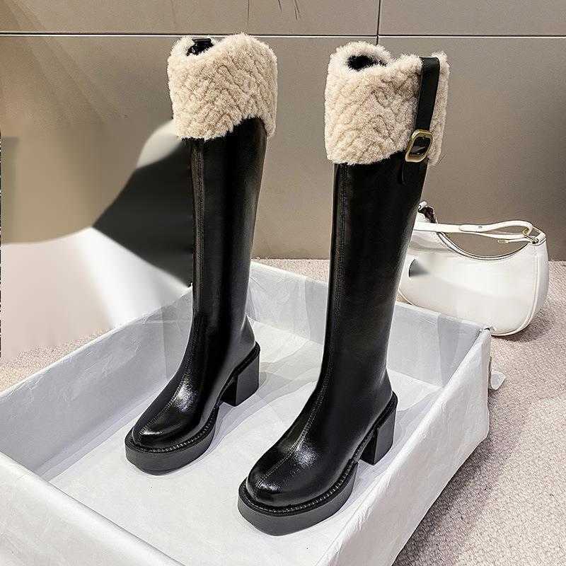 CMM Small Height High Heeled Hairy Long Boots for Women Autumn and Winter New Fashion Long Boots Plush Mouth Knight Boots