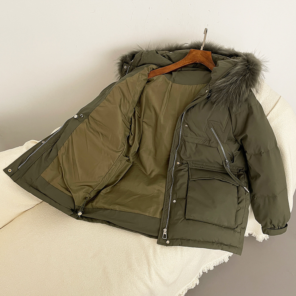 Autumn Winter 90% White Duck Workwear Down Jacket Women Mid-Length Hooded Coat Raccoon Fur Collar Thickened Warm
