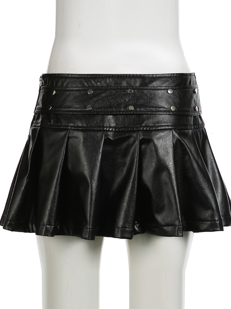 BKQU Leather Pleated For Women Goth Belt Design Side Zipper Mini Rivet Skirts 2024 Streetwear Low Waist Sexy Micro Skirt
