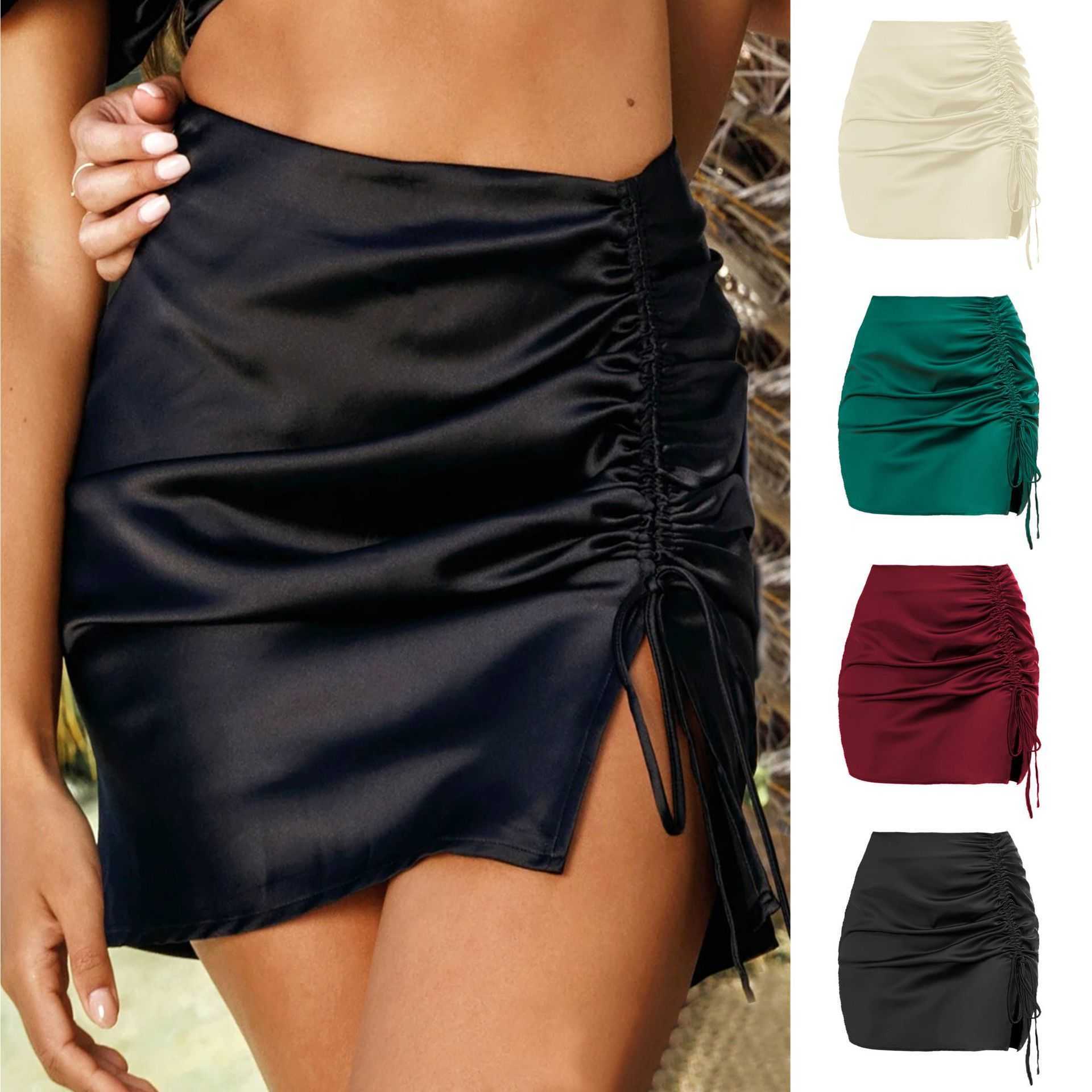 Solid Color Pleated Buttock Skirt Sexy High Waist Zipper Women Hip-hugging Skirt Satin Skirt WoMens Summer WoMens Length Adult Career Skirts 241023