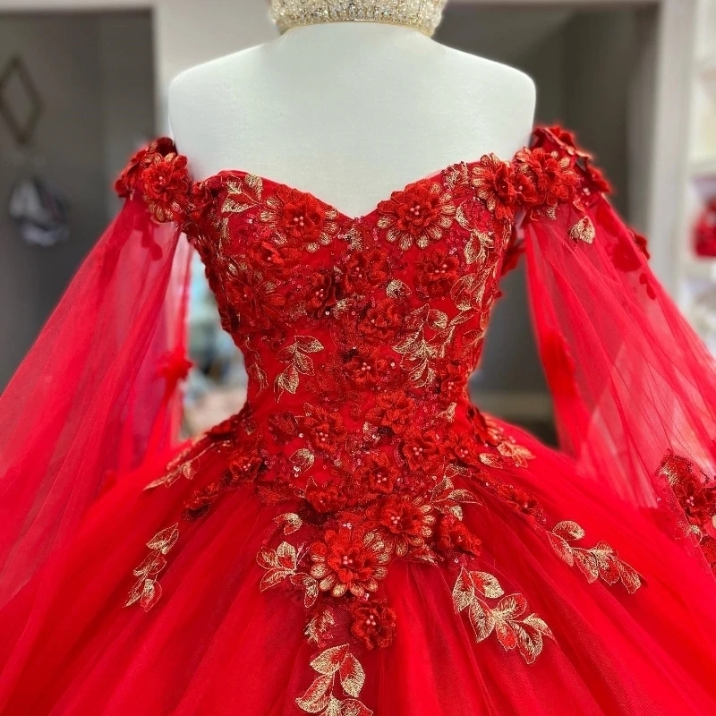 Red Sweetheart Shiny Quinceanera Dresses Ball Gown Applique Lace Crystal Tull Vestidos De 15 Anos wers Birthday Party Sweet 16 Dress