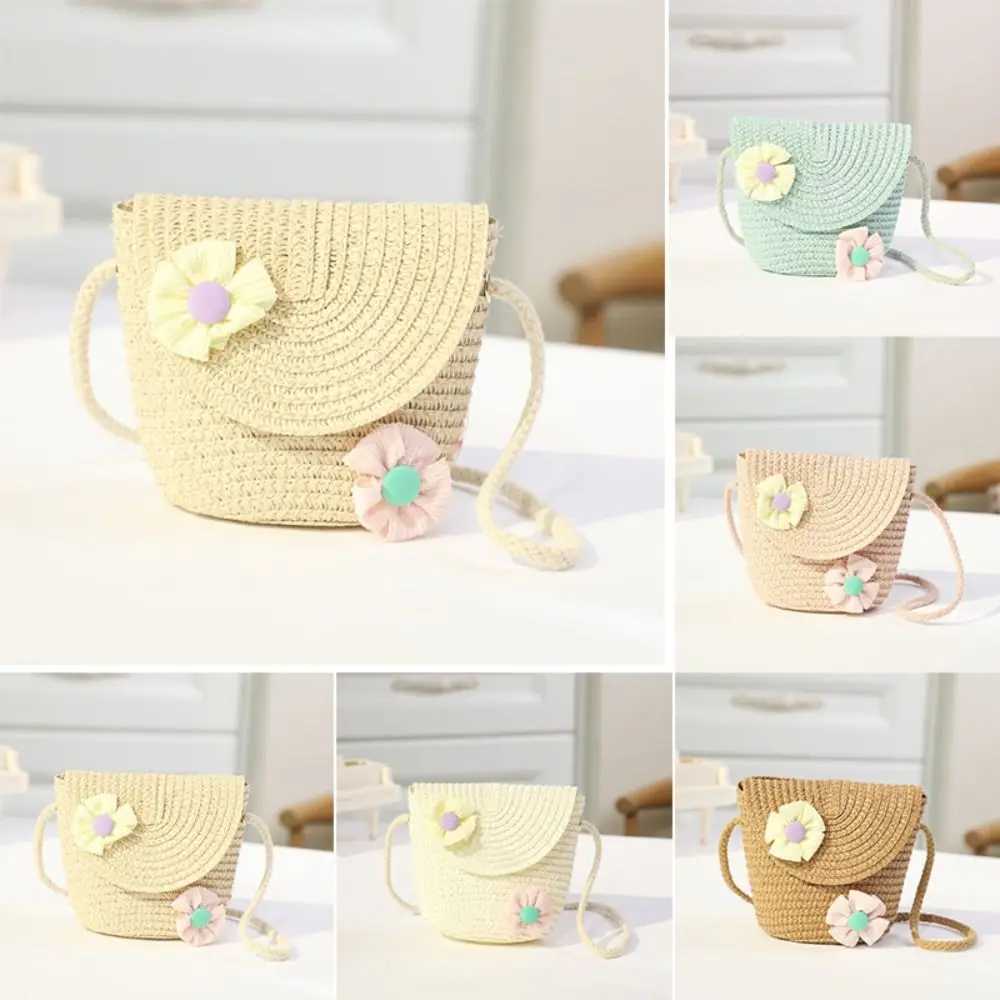 Mini Flip Straw Bag Summer Beach Coin Purse Handmade Woven Crossbody Handbag Photo Props Kid Messenger Bags LX241104