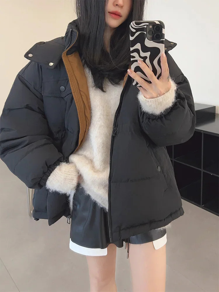 Women White Duck Down Thick Loose Sleeve Winter New Drawstring Hooded Puffer Jacket Medium Long Female