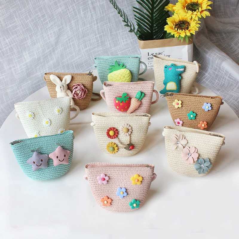 Summer Childrens Straw Woven Messenger Bag Lovely Girls Small Coin Purse Handbags Baby Kids Mini Shoulder Bags Princess Wallet LX241104
