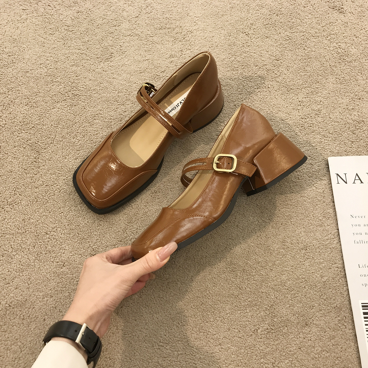 Women's Fashion Dress Shoes:High Heel French Retro Square Toe Chunky Heel Mary Jane Shoes Leather,Black/Brown/Apricot,Free shipping