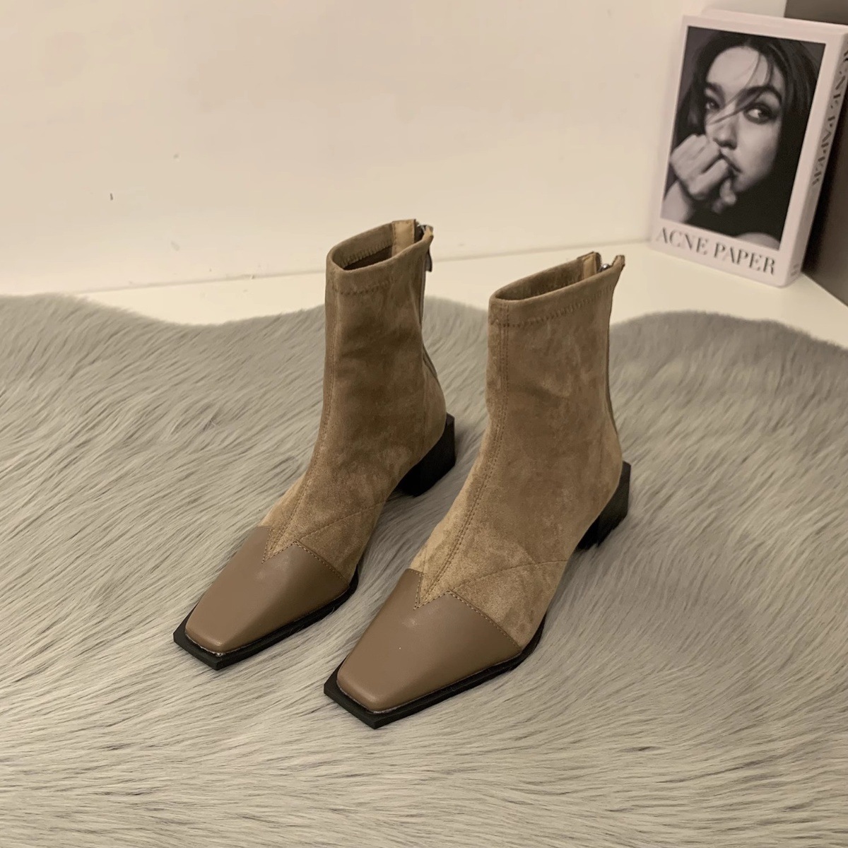 Women's Fashion Boots:High Heel Chunky Heei Simple Design Square Toe Short Boots,Black/Green/Khaki,Free shipping