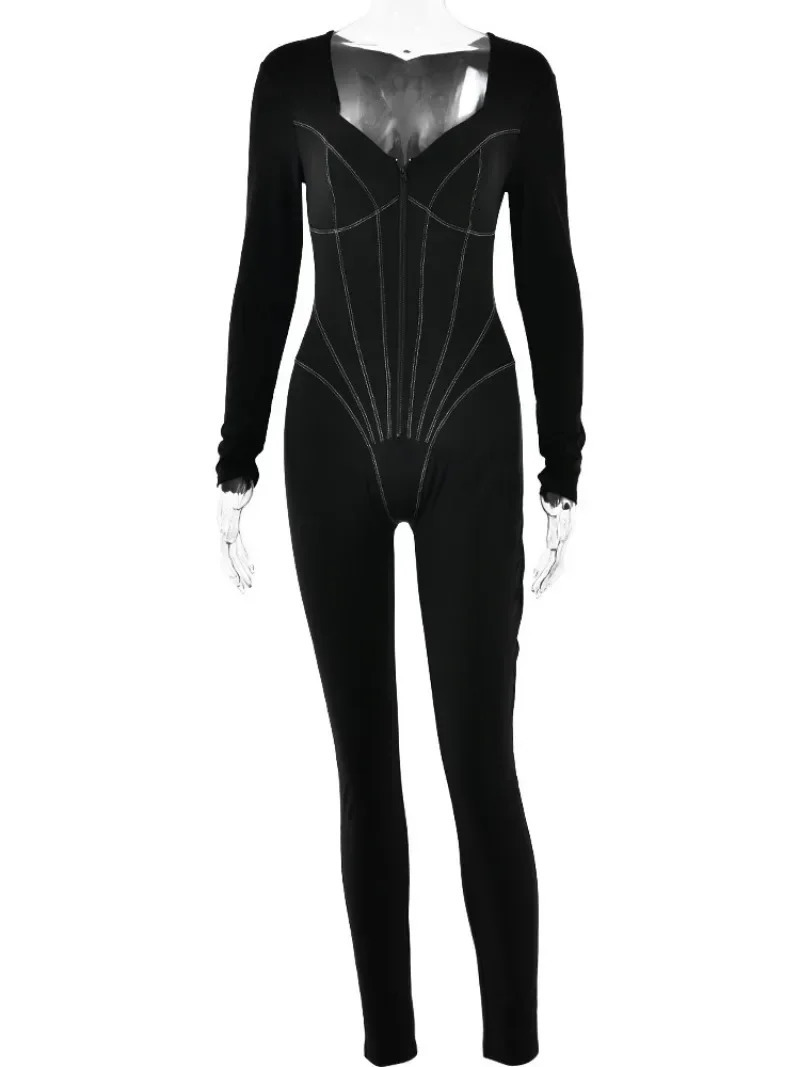 Womens autumn square collar zipper jumpsuit street womens long sleeved high waisted top sports and fitness white bodysuit 241031