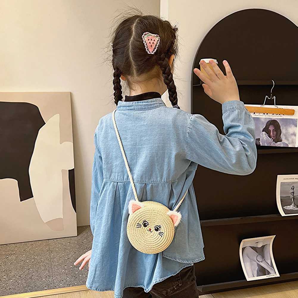 Cute Cat Beach Bag for Kids Fashion Small Round Straw Bag Casual Handmade Woven Shoulder Bag Solid Color Zipper Crossbody Bag LX241104