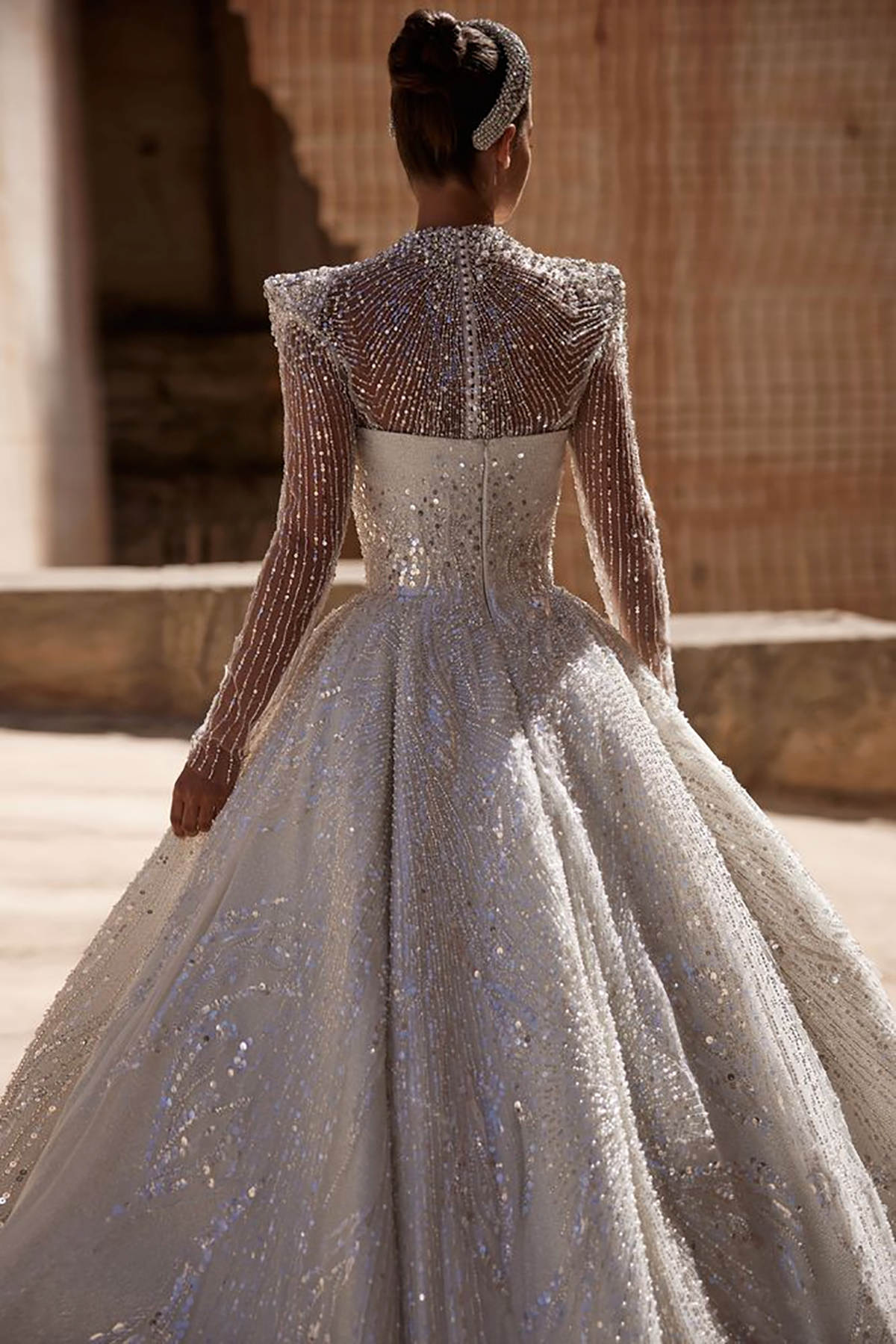 Glamorous Wedding Dresses Pearls Bride Gown Sequins Beading A E Bridal Dress Sheer Long Sleeves Custom Made Vestidos De Novia 0219