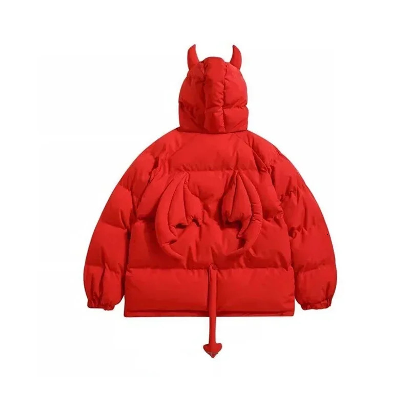 Women Black Gothic Thicken Parkas Hip Hop Horns Wing Couple Hooded Padded Jacket Streetwear Emo Coat Winter Clothes