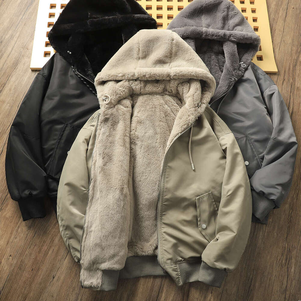 Two Sided Rabbit Plush Inner Winter Men's Thick Warm Bomber Jacket Light Lamb Wool Padded Coat Unisex Hooded Parkas