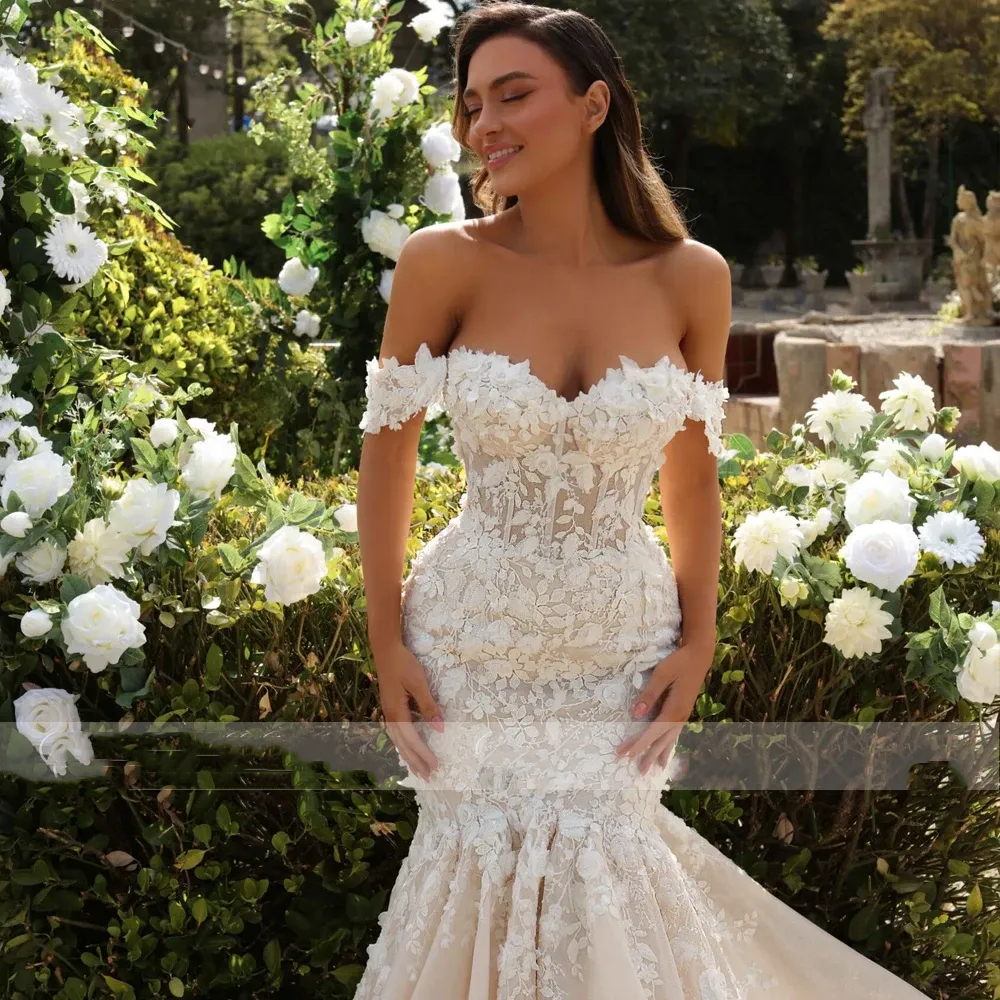 Boho Lace Mermaid Wedding Dresses Off Shoulder Long Dark Ivory Bridal Gowns Appliques Court Trian Country Vestido De Novia Back Lace-Up 2025 Spring