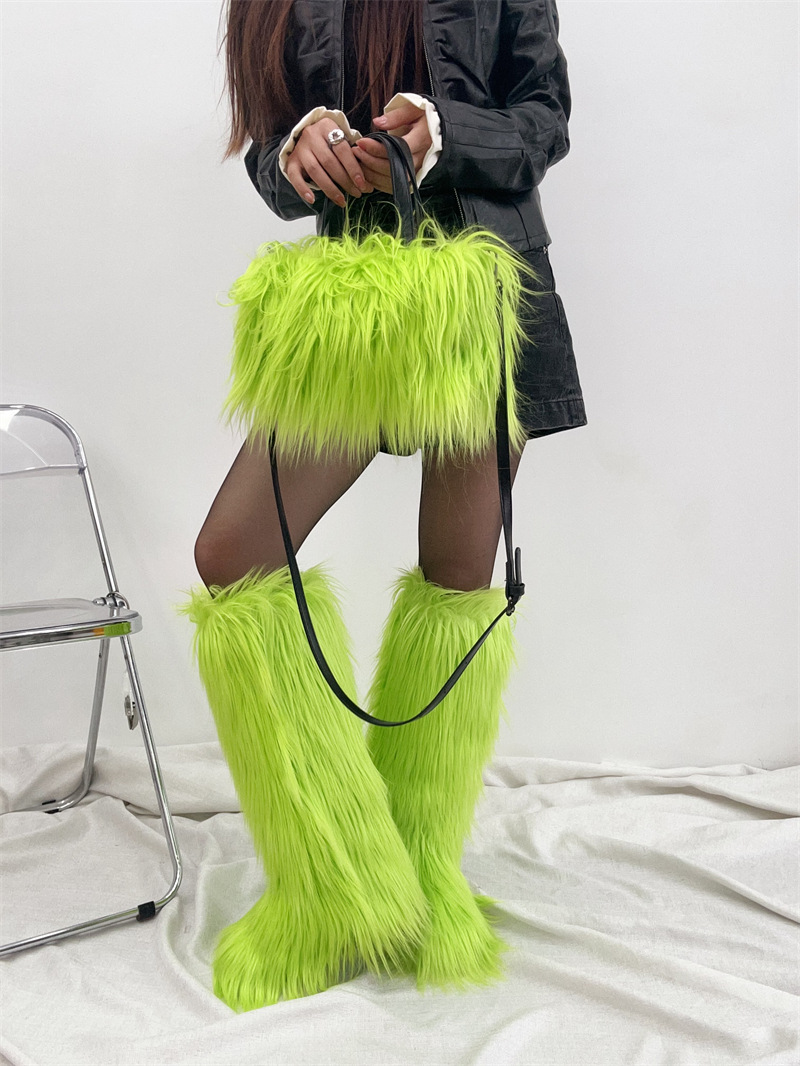 New Punk Style Large-sized High Boots Knee High Snow Boots Handbag Plush Imitation Wool Set.