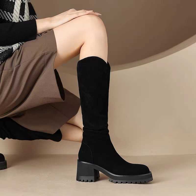 CMM Autumn Winter Korean Round Head Thick Heel Long Boots High Heel Leg Wrap Velvet Warm Tall Boots Knight Boots for Women