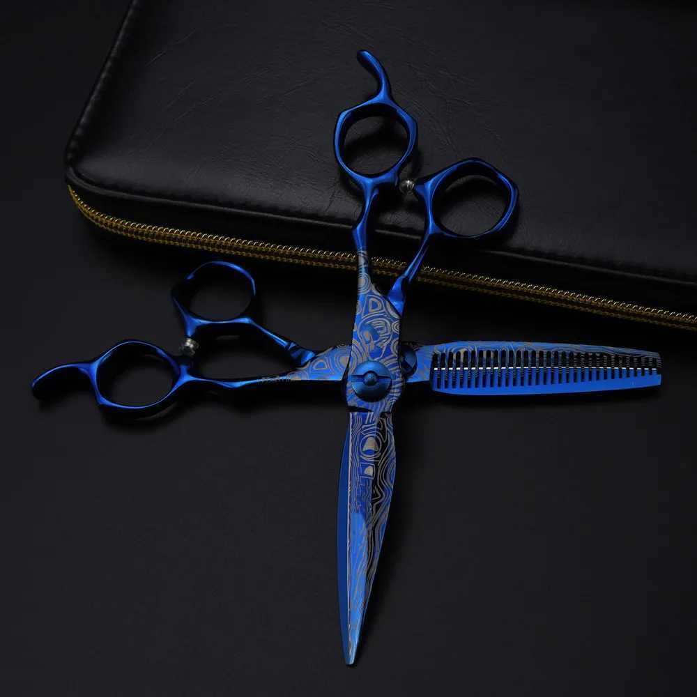 Professional 6 Upscale scissor Blue Damascus hair scissors cutting barber tools haircut thinning shears hairdresser scissorsXJ241104