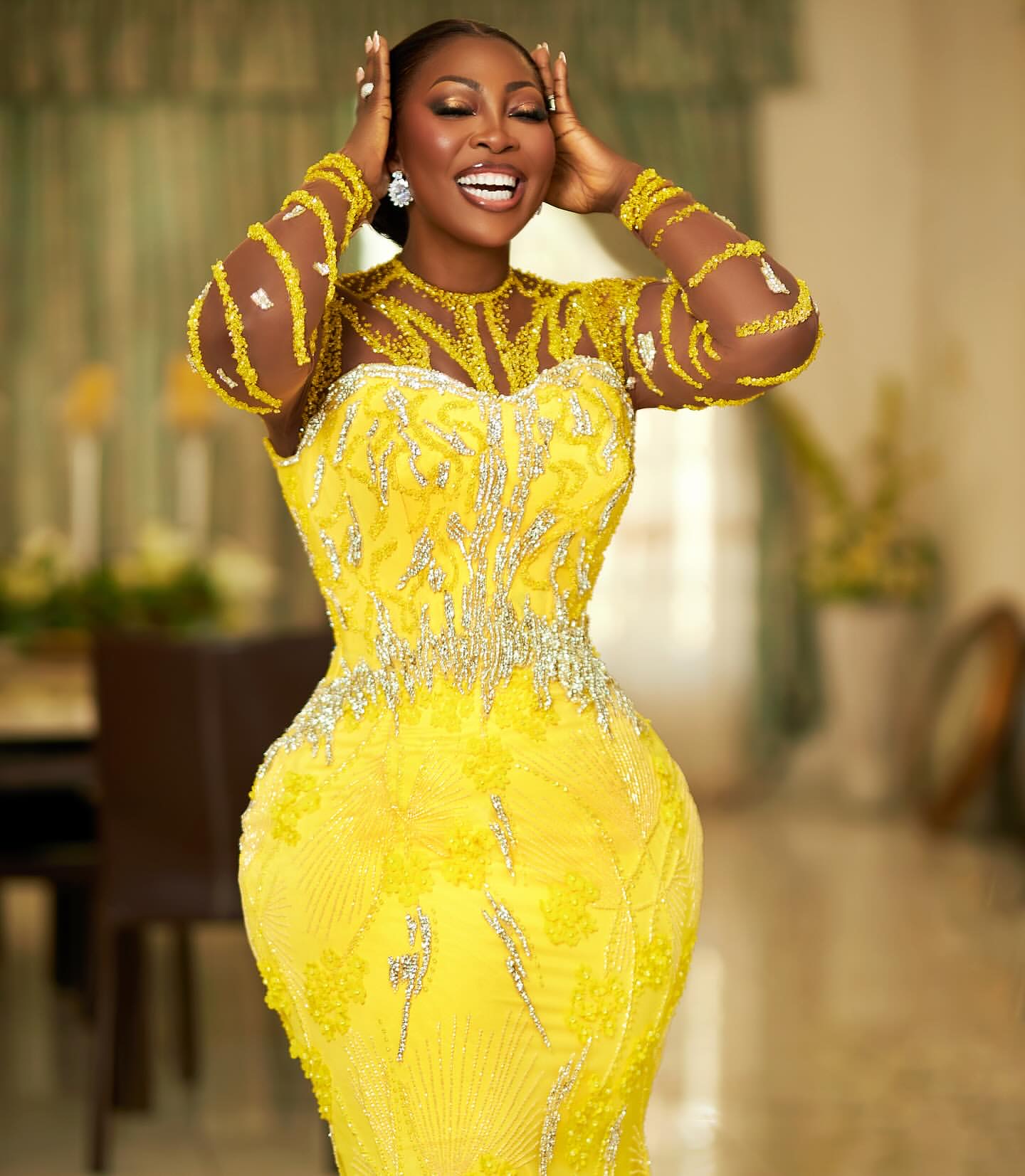 2024 Plus Size Yellow Mermaid Prom Dresses For Special Occasions Full Sleeves Sequined Lace Beaded Evening Party Birthday Gowns Dress For Women Vestid