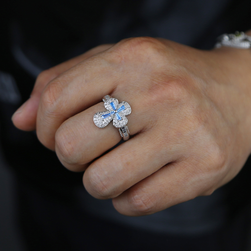 Men's Women's Iced Out Cross Ring: Full Paved Blue White Cubic Zirconia Hip Hop Jewelry Gift