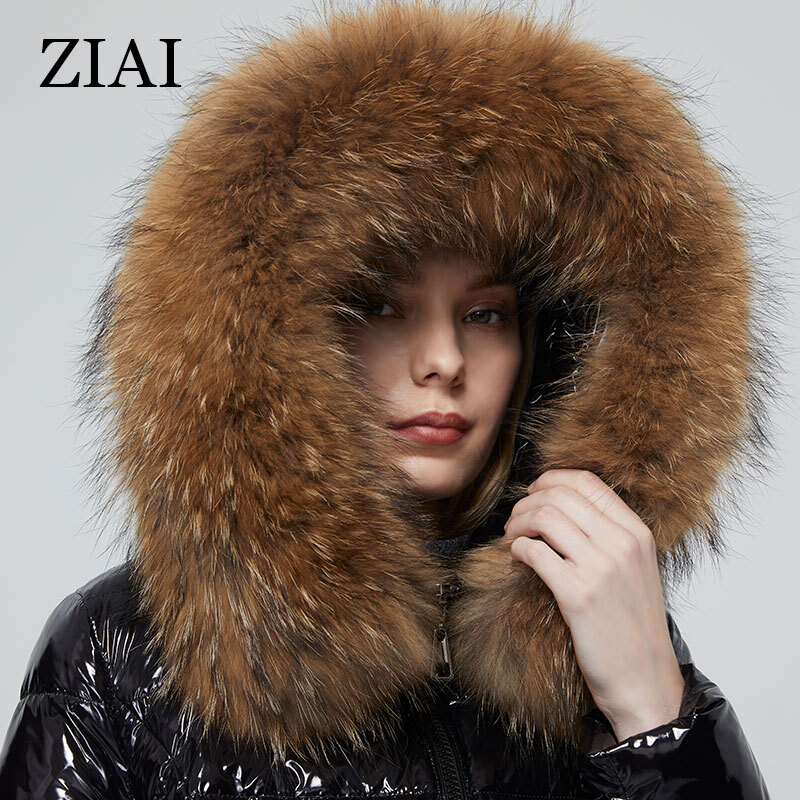 ZIAI 2021 Women Shiny Fabric Big Fur Collar Hotsale Winter Female Jacket Fashion Style Lady Coat Factory Quality Zr-7267