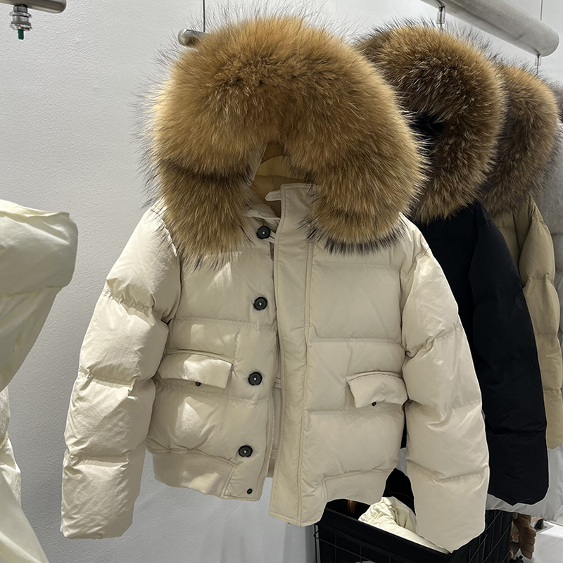 Lagabogy 2024 Winter Women Short Down Jacket Large Real Raccoon Fur Hooded Loose Puffer Coat Thick Warm Windproof Outwear