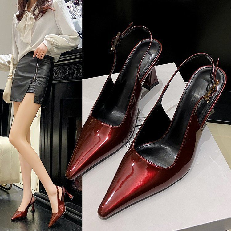 Women's New Wine Red Versatile Slim Heeled Pointed High Heels.