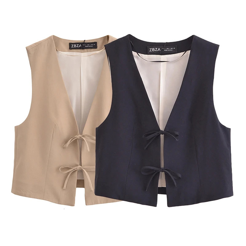 Willshela Women Fashion Solid Bow Lace Up Sleeveless Jacket Vintage VNeck Vest Female Office Lady Waistcoats 241104