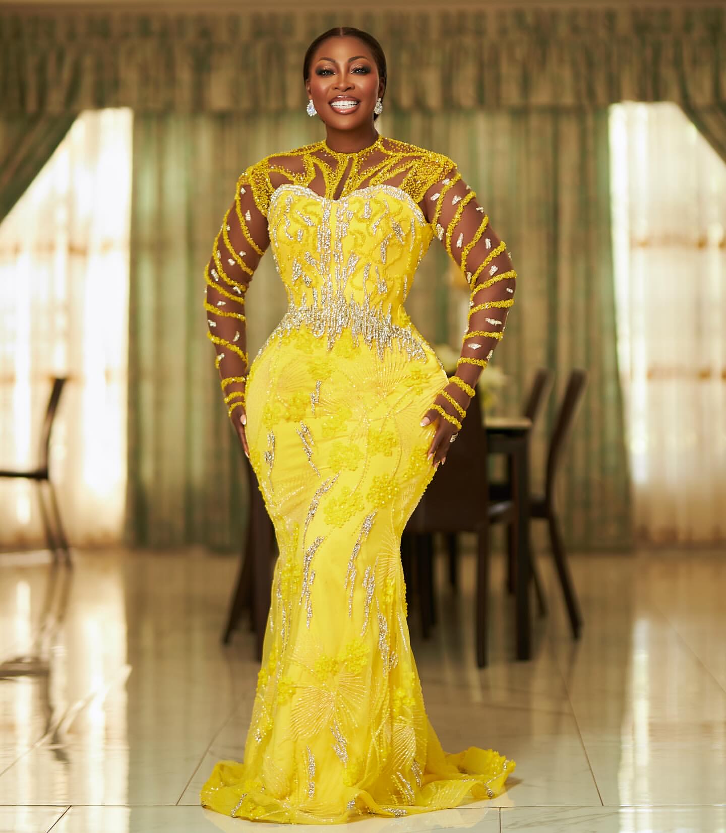 2024 Plus Size Yellow Mermaid Prom Dresses For Special Occasions Full Sleeves Sequined Lace Beaded Evening Party Birthday Gowns Dress For Women Vestid