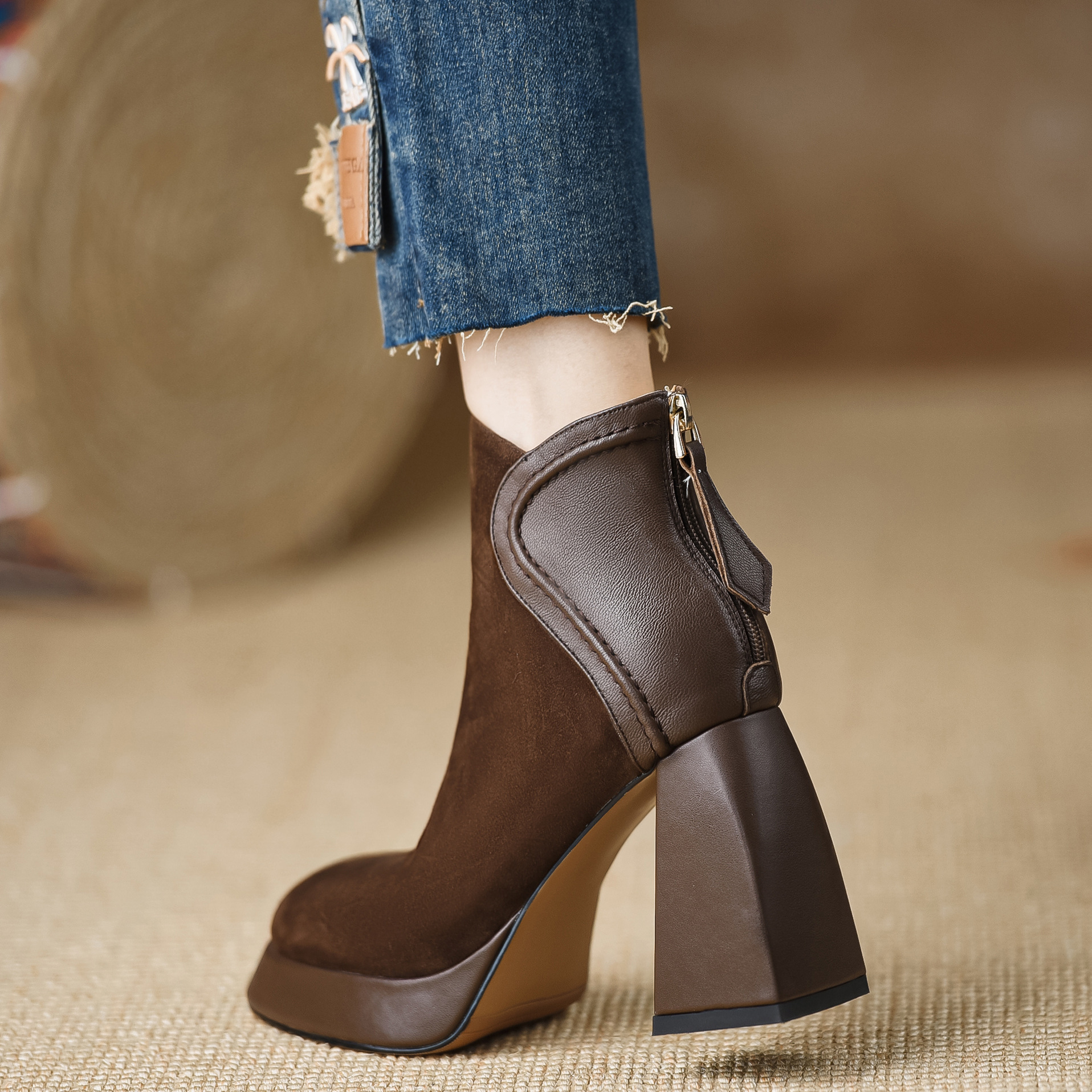 Women's Fashion Boots:NewTrendy High Heel Chunky Heel Round Toe Simple Design Versatile,Black/Coffee,Free shipping