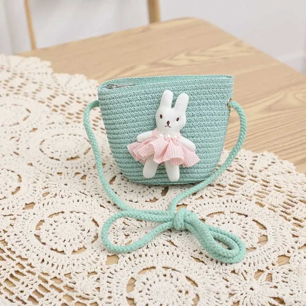 Bunny Mini Straw Bag Summer Beach Zipper Handmade Woven Kid Messenger Bags Coin Purse Photo Props Crossbody Handbag LX241104